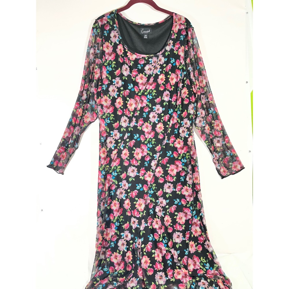 Connected Apparel Floral Mesh Overlay Long Sleeve Dress Women 24W Black Pink